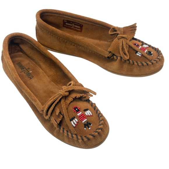 Minnetonka Shoes - Minnetonka Brown Suede Moccasins with Beaded Thunderbird Accents Sz 10